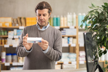 Man choose ointment in pharmacy, examine packagingの写真素材