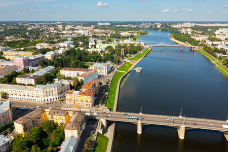 Tver cityscape on Volga river with bridges in summer, Russiaの写真素材