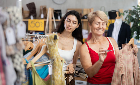 Two women choosing clothes on sale in a storeの写真素材