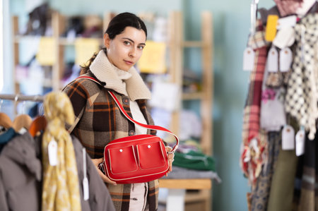 Sale of winter clothing collection. Positive young girl standing against background of shelves with clothes in store and choosing bagの写真素材