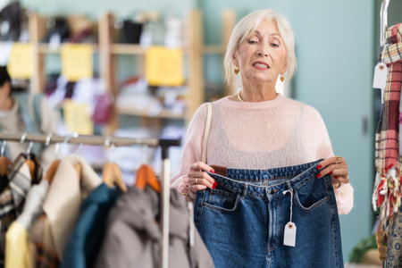 Regular customer senior woman chooses color and style of jeans trousersの写真素材