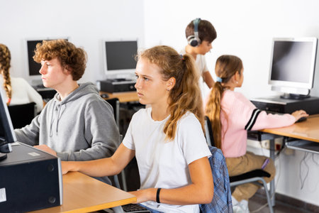 Group of teenage boys and girls learning to use computers in classroomの写真素材