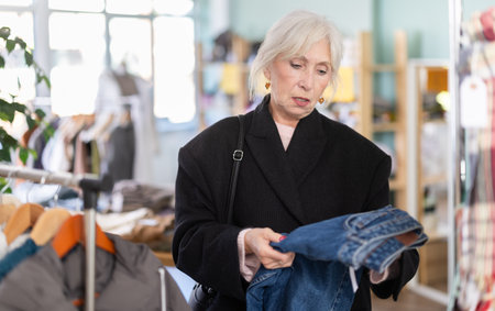 Mature woman chooses jeans trousers in clothing storeの写真素材