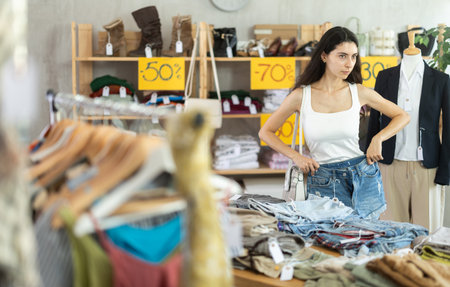 Woman with black hair choosing pants in a storeの写真素材