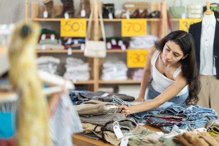 Woman in summer one chooses pants at a saleの写真素材
