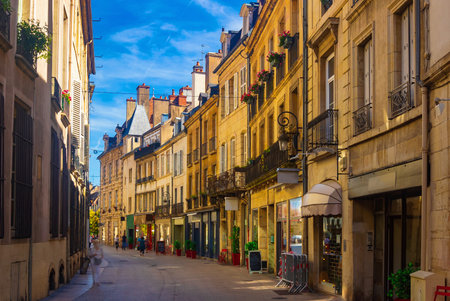 Typical narrow streets in historic center of Dijon, Franceの写真素材