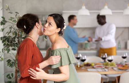 Two women greet each other when meetingの写真素材