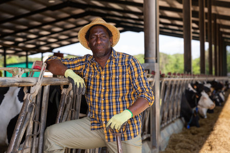 African farmer posing at the cow farmの写真素材