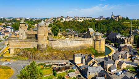 Drone view of medieval chateau in French town of Fougeresの写真素材