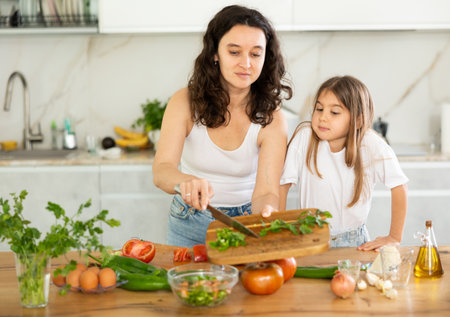 Mom and daughter dice up raw vegetables for salad on cutting boards.の写真素材