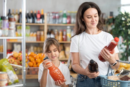 Child girl with mother choose consider juiceの写真素材