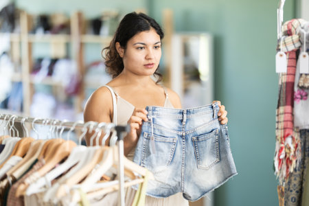 Undetermined young girl choosing jeans shorts in clothing storeの写真素材