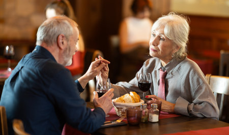 Happy senior couple enjoying dinner together in restaurantの写真素材