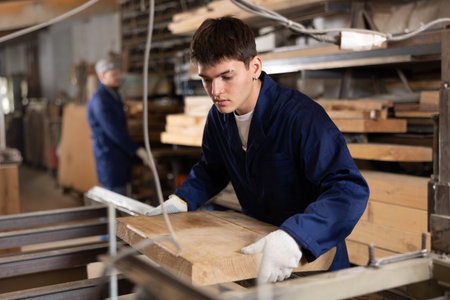 Preparing for furniture production - furniture factory worker places a board on cutting machineの写真素材