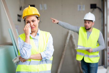 Crying female builder at construction site with displeased foremanの写真素材