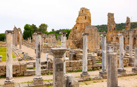 Columns of agora and Hellenistic Gate of Pergeの写真素材