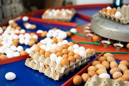 Fresh eggs in cardboard tray on poultry farm conveyorの写真素材