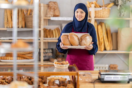 Asian woman bakery worker sells bread, stand at counter and wait for visitorsの写真素材