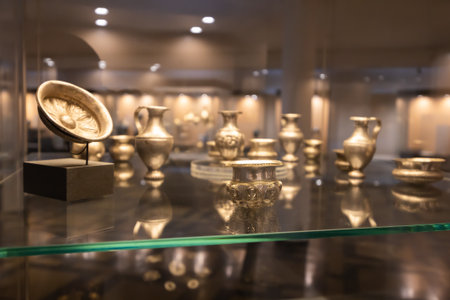 Gilded and gold household items on display at National Archaeological Museum, treasury departmentのeditorial素材