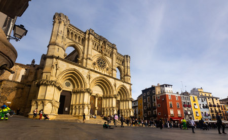 Cuenca, Spain - April 11, 2022: Stone building in gothic style, main facade. Cathedral of Cuenca. Spainのeditorial素材