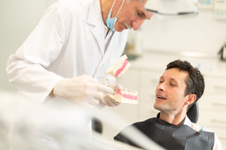 Elderly male dentist showing model of teeth to patient