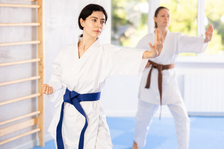 Woman in kimono standing in fight stance during group karate trainingの写真素材