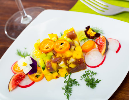 Plate of delicious tuna tartarの写真素材