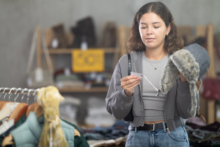 Selective young woman choosing fur hat in clothing storeの写真素材