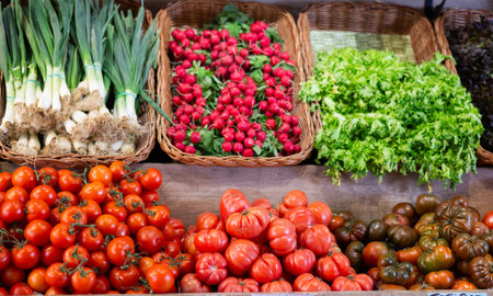 Fresh vegetables on display at vegetable shopの写真素材