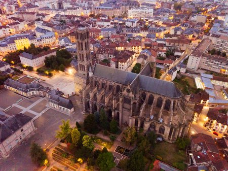 Aerial view of landmark of famous cathedral in Limoges cityilluminated at duskの写真素材