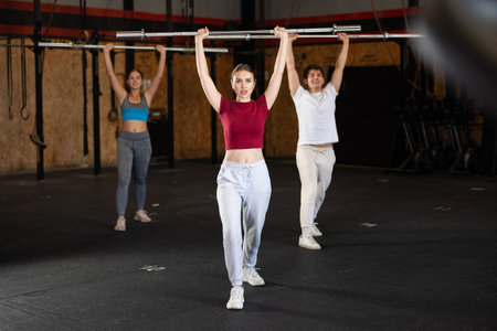 Slender girl trains muscles of arms and back using barbell and differentiated weighting in gym