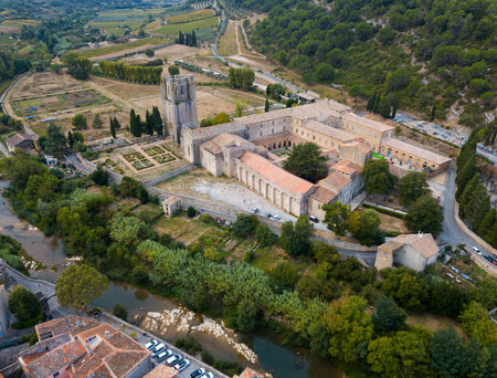 Aerial view of Abbey Sainte-Marie, Lagrasseの写真素材