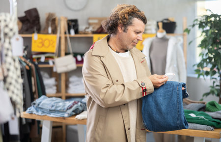 Man search and choose jeans trousers in storeの写真素材