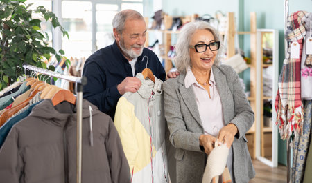 Elderly couple choosing jackets and coats togetherの写真素材