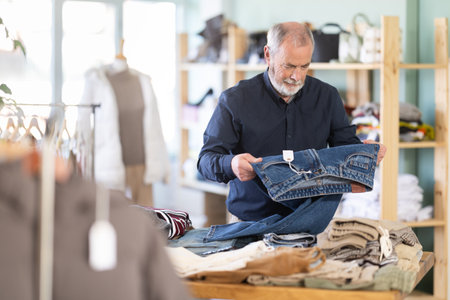 Family clothing store, senior man customer choose jeansの写真素材