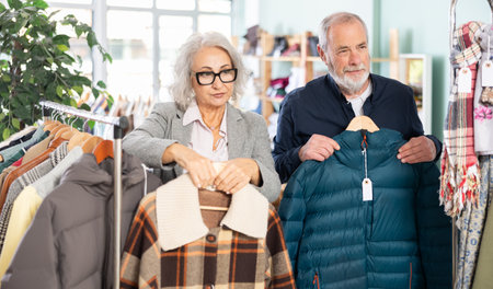 Family clothing store, senior couple customer chooses jacket or coatの写真素材