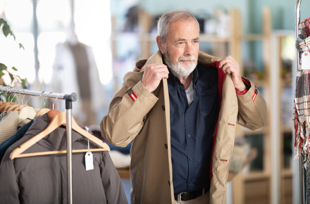 Mature male customer is trying on raincoat during shopping in storeの写真素材