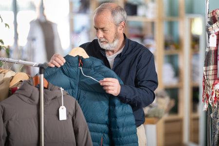 Mature male shopper chooses and tries fashionable down jacket in clothing storeの写真素材