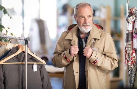 Elderly man chooses tries fashionable coat in clothing storeの写真素材