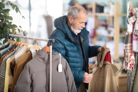 Elderly man chooses tries fashionable coat in clothing storeの写真素材