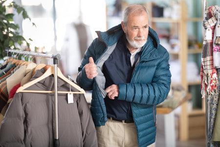 Elderly man trying on a down jacketの写真素材