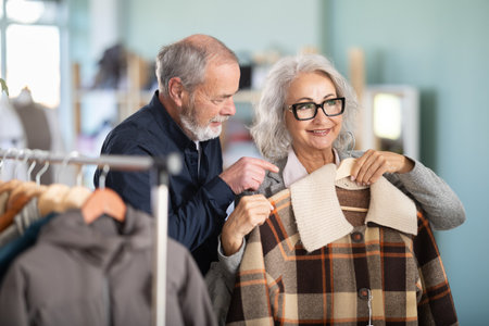 Elderly couple chooses fashionable coat or jacket in clothing storeの写真素材