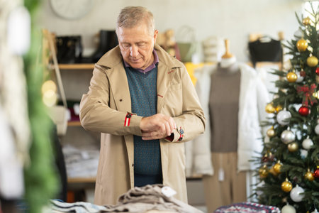Mature man trying on coat trench coat in Christmas shopの写真素材