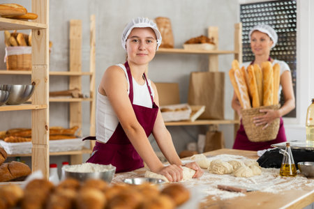 Skilled successful bakers in uniform working in bakery. Young girl working with pieces of dough and...