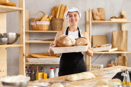 Teenage girl with homemade bread in bakery