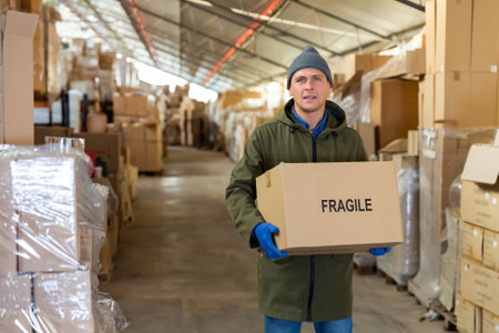Loader stacks various boxes on racks in storeの写真素材