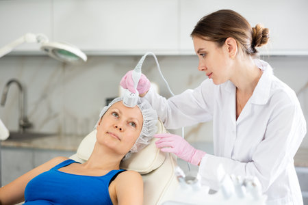 Young female cosmetologist doing whitening procedure to adult woman