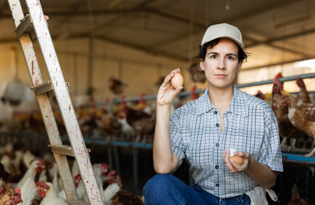 Young female farmer picking fresh chicken eggs in coopの写真素材