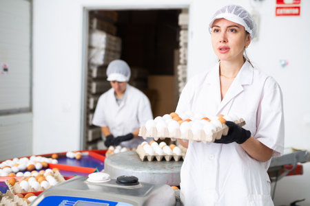 Female worker carrying cardboard tray with selected chicken eggsの写真素材