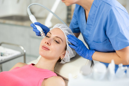 Young visitor receiving hardware electric massage and absorb blackheads and deeply clear skin by doctor in beauty clinic. Hardware cosmetology. Beautician hands in gloves makes face skin treatment for tighteningの写真素材